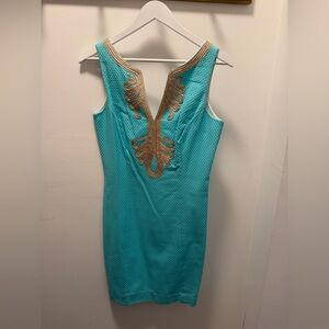 Lilly Pulitzer Turquoise (Shorely Blue) Dress with Gold Trim Accents NWT Size 6